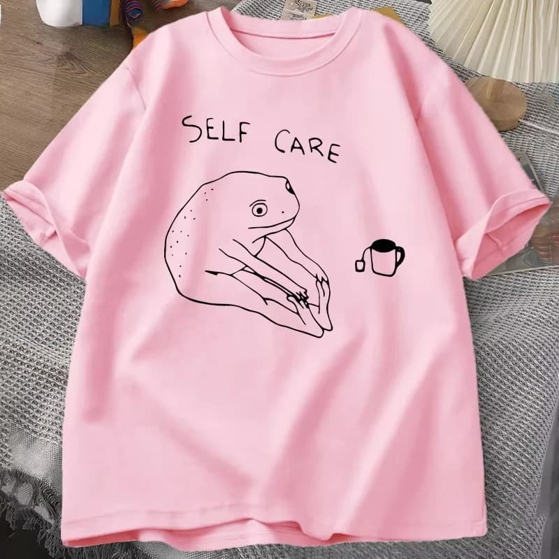Funny Frog Self Care T-Shirt Retro Frog Printed Tshirt Women Summer Round Neck Sleeve Tee Shirt Streetwear Aesthetic Clothes