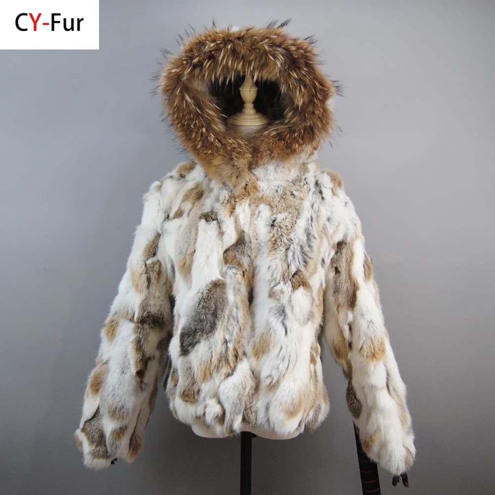 Nuove donne russe veri cappotti di pelliccia di coniglio inverno caldo 100% naturale giacca di pelliccia di coniglio signora calda con pelliccia di procione tuta sportiva con cappuccio