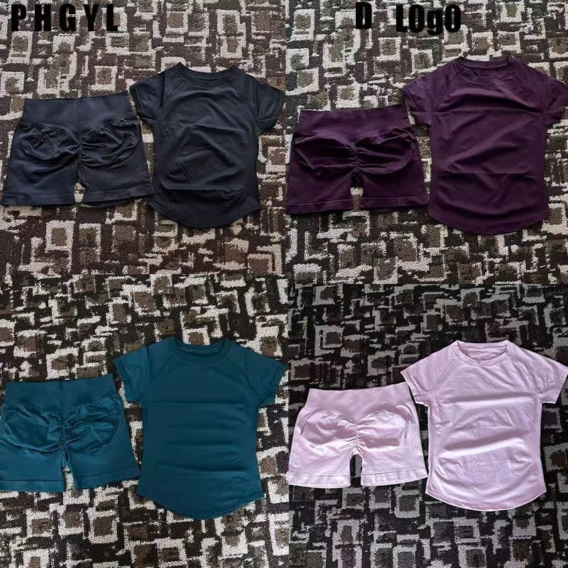 Set da Palestra per Donna 2 Pezzi, Abbigliamento Yoga Senza Cuciture a Maniche Corte, Completo Fitness da Donna per Allenamento, Corsa e Sport con Leggings Corti