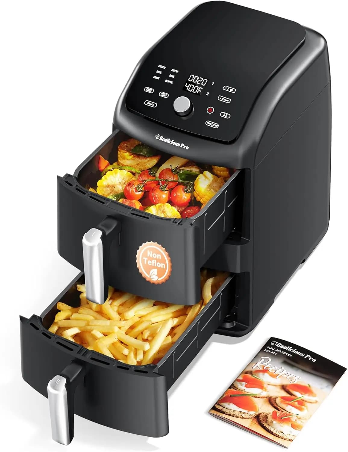 Large Air Fryer with Double Basket, 10-in-1 with SyncHeat Technology for Uniform Cottura, Compact Design Stackable, Smart Finish and Match Cook