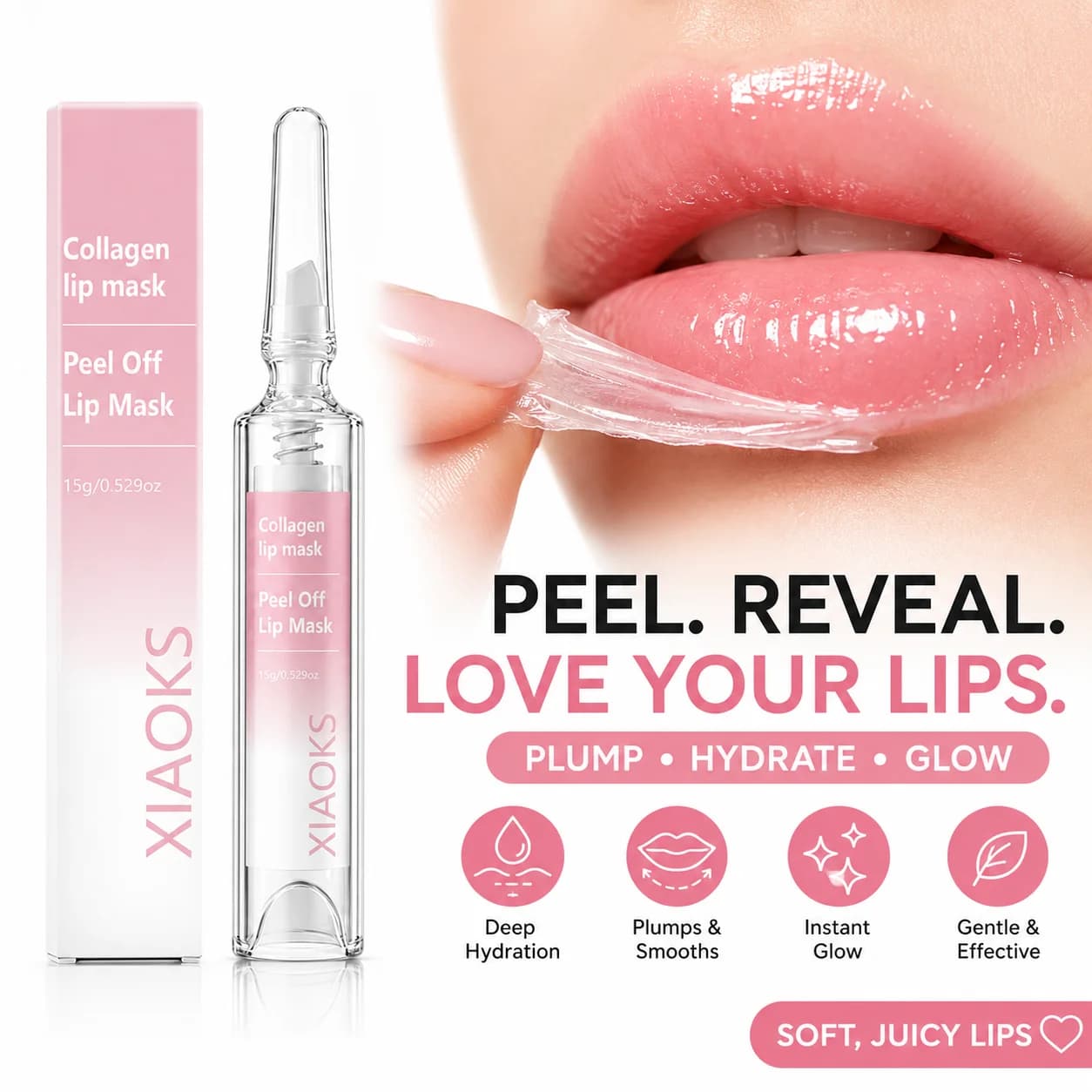 Collagen Lip Mask, Reduces Lip Lines, Long-Lasting Color Retention, Even Color Application, Translucent, Naturally Plump, Non-Smudgy, Waterproof and Sweat-Proof, Smudge-Proof, Does Not Stick to Cups, Does Not Fade, Exfoliates Dead Skin, Enhances Complexion, Hydrates, Repairs Chapped Lip Skin, Improves Dull and Dark Lips, Deeply Nourishes Lips, Moisturizing and Soft Texture, Lightweight and Not Heavy, Formula Is Gentle and Non-Irritating, a Must-Have for Home and Travel, Easily Achieve a Hydrated, Pink, Glass-Like Lip Look.