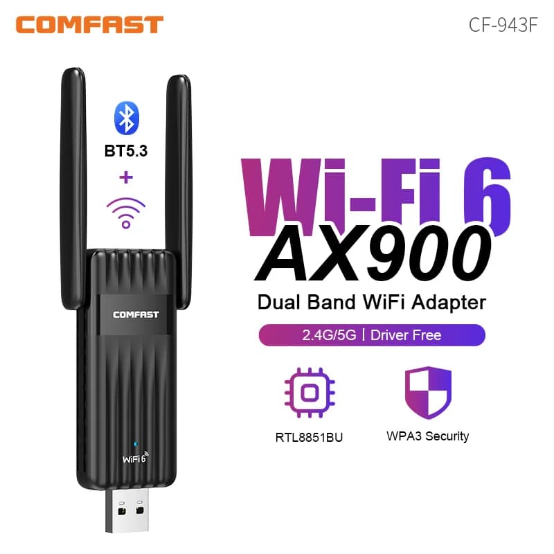 COMFAST AX900 WiFi 6 Adattatore Bluetooth 2.4G e 5GHz 900Mbps Adattatore WiFi Free-Drive 2*3dBi Antenna BT5.3 Dongle per Win10/11 WPA3