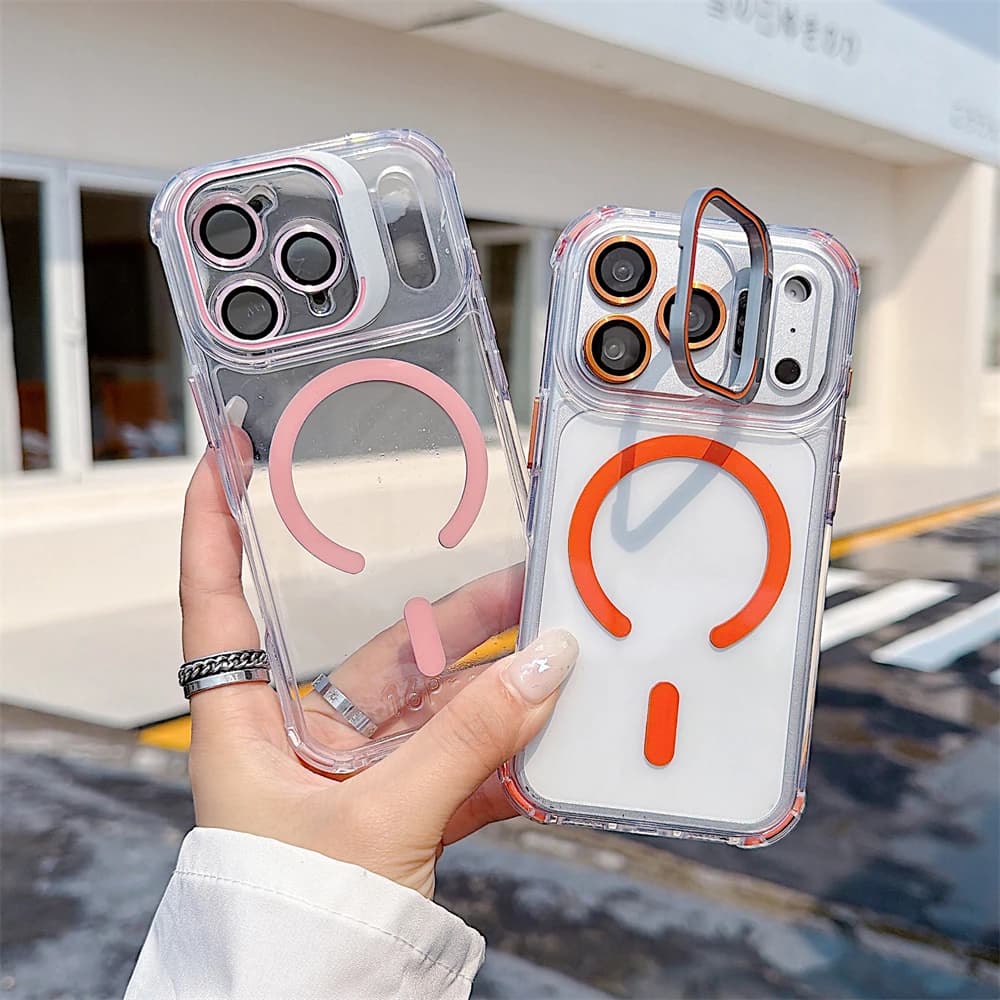 Custodia Magnetica Trasparente in Acrilico con Supporto per Lenti per iPhone 17 Air 16 15 Pro Max 14 Plus 13 12 11, Cover Antiurto con Protezione per Lenti