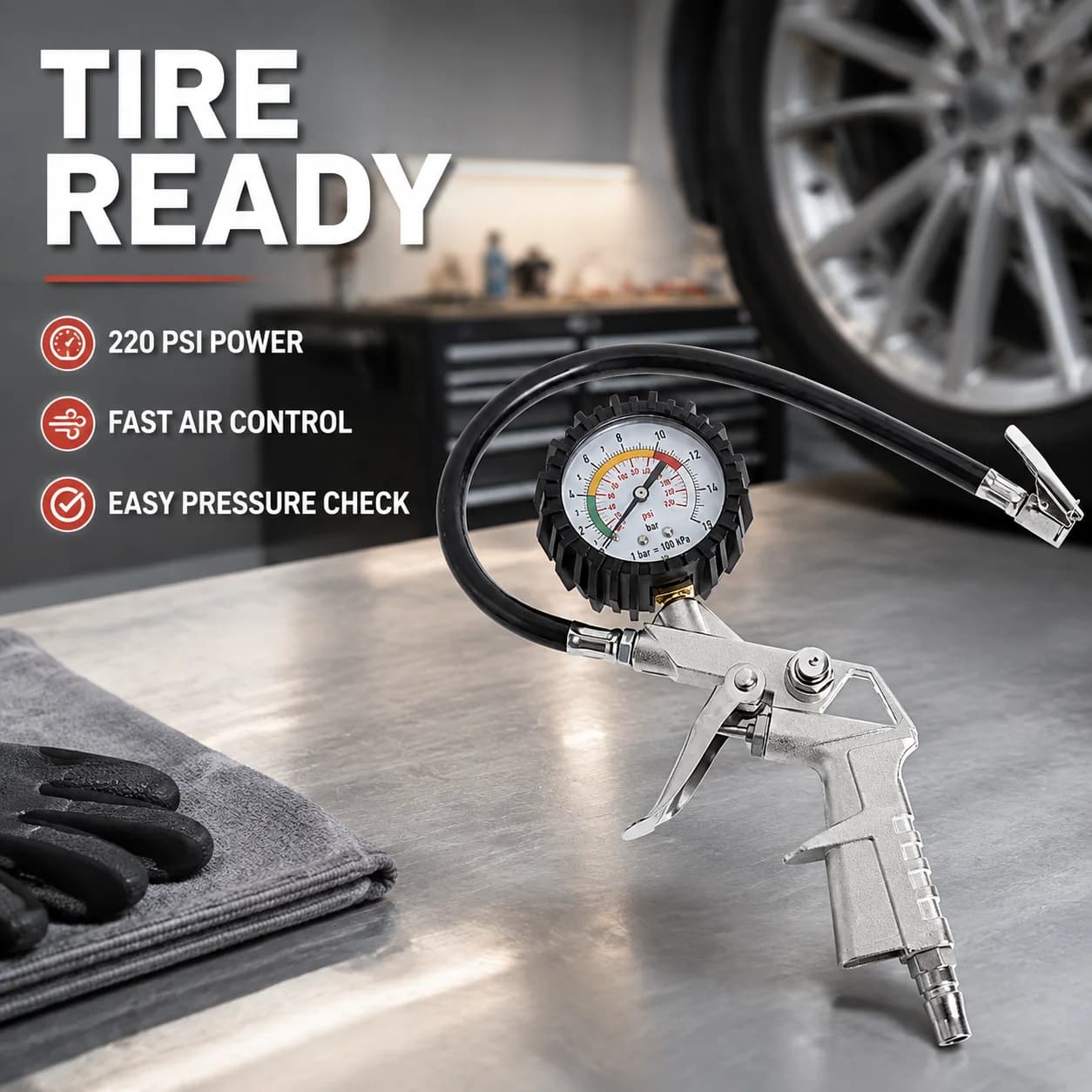 220PSI Tire Pressure Gauge Inflator with Deflation Function, Zinc Alloy Air Compressor Meter for Car Motorcycle Van, Analog