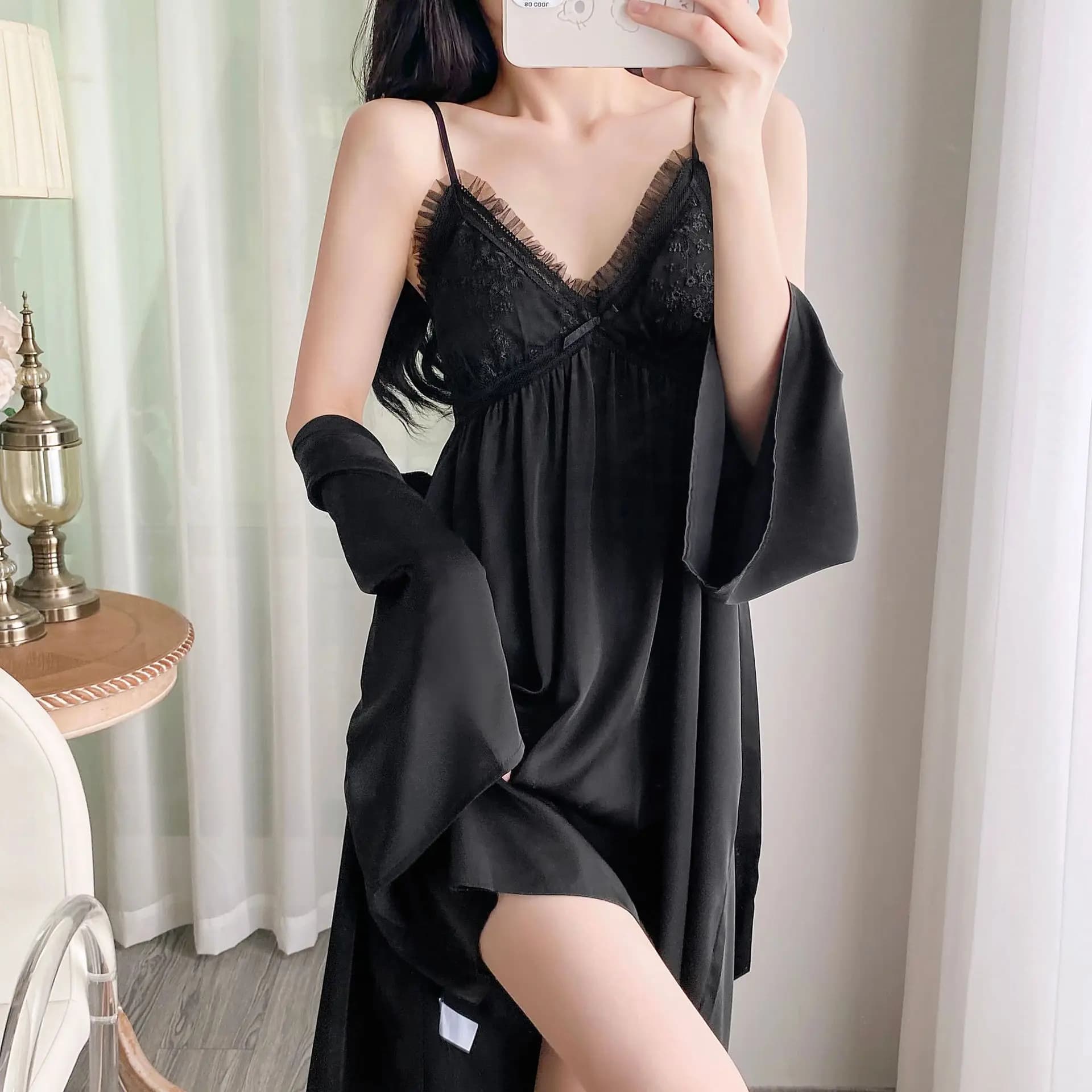 Women's Summer Pijama Set 2 Pieces: Night Watch and Shirt in Purple Silk with Lace, Kimono and Homewear