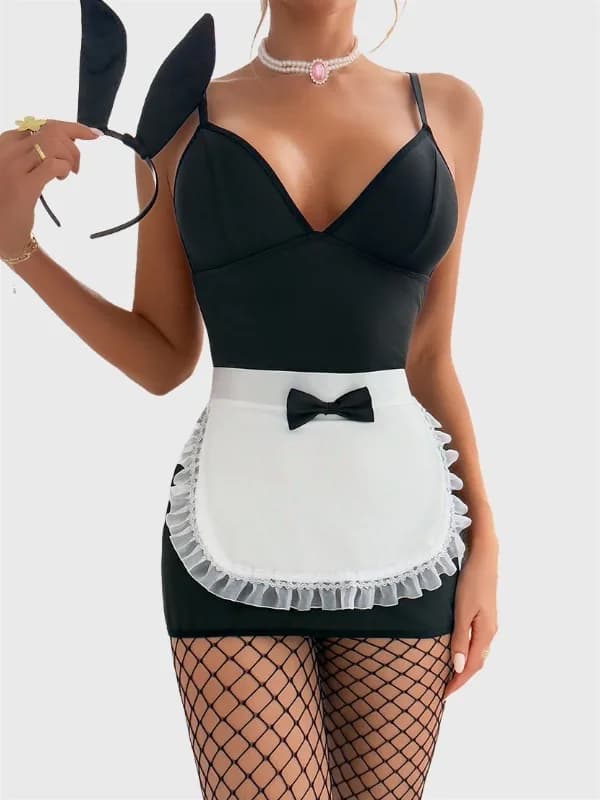 Ellolace Halloween Lingeries Femme Ultra Hot Sensual Dress Apron Bunny Headband Stockings Sexy Mini Bodycon Maid Cosplay Costume