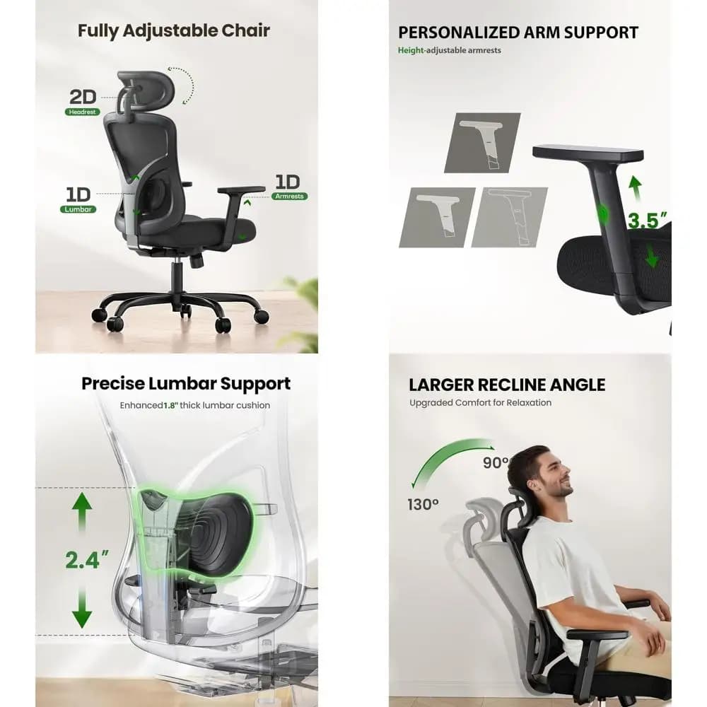 Sedia da Ufficio Ergonomica con Supporto Lombare, Braccioli 2D, Cuscino Regolabile, Sedia Girevole per Casa e Ufficio