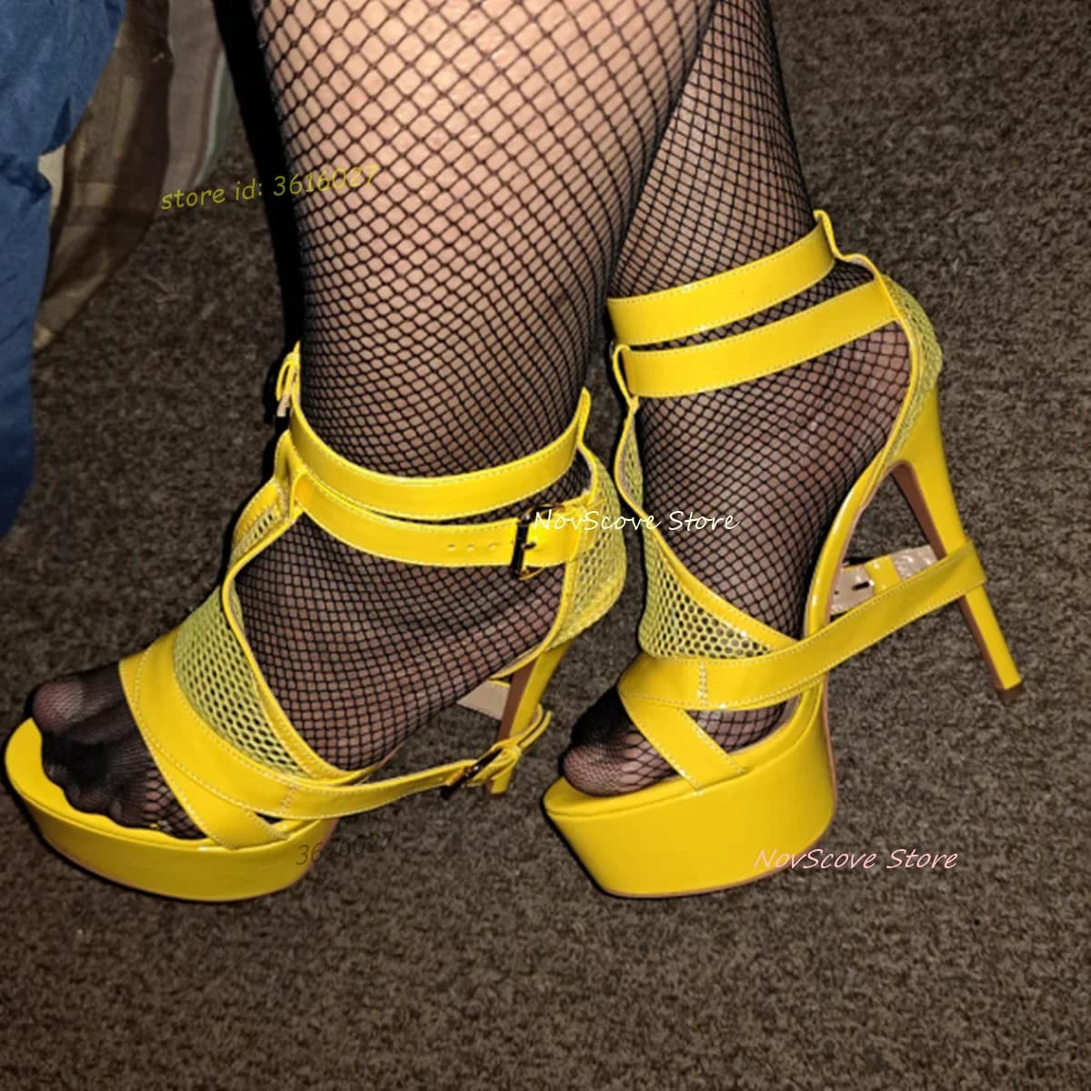 Sandali Gialli con Punta Aperta e Cinturini a T, Sandali con Plateau in Rete, Fibbia alla Caviglia, Cut-out, Vintage, Estivi, Sexy, Scarpe da Festa per Donne