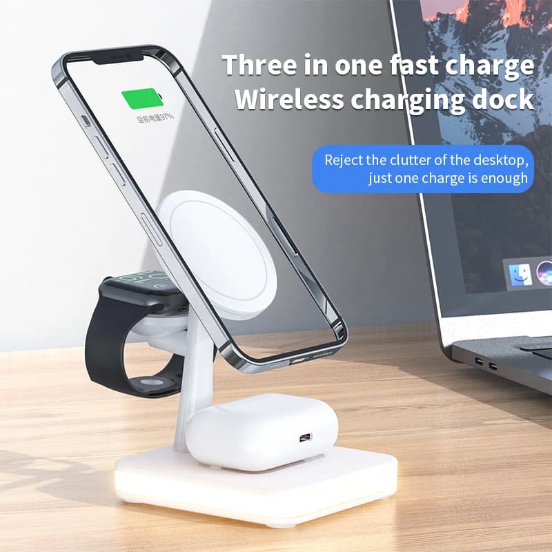3-in-1 Wireless Magnetic Charging Station with Night Light for iPhone, Apple Watch and AirPods, 10W Fast Charger