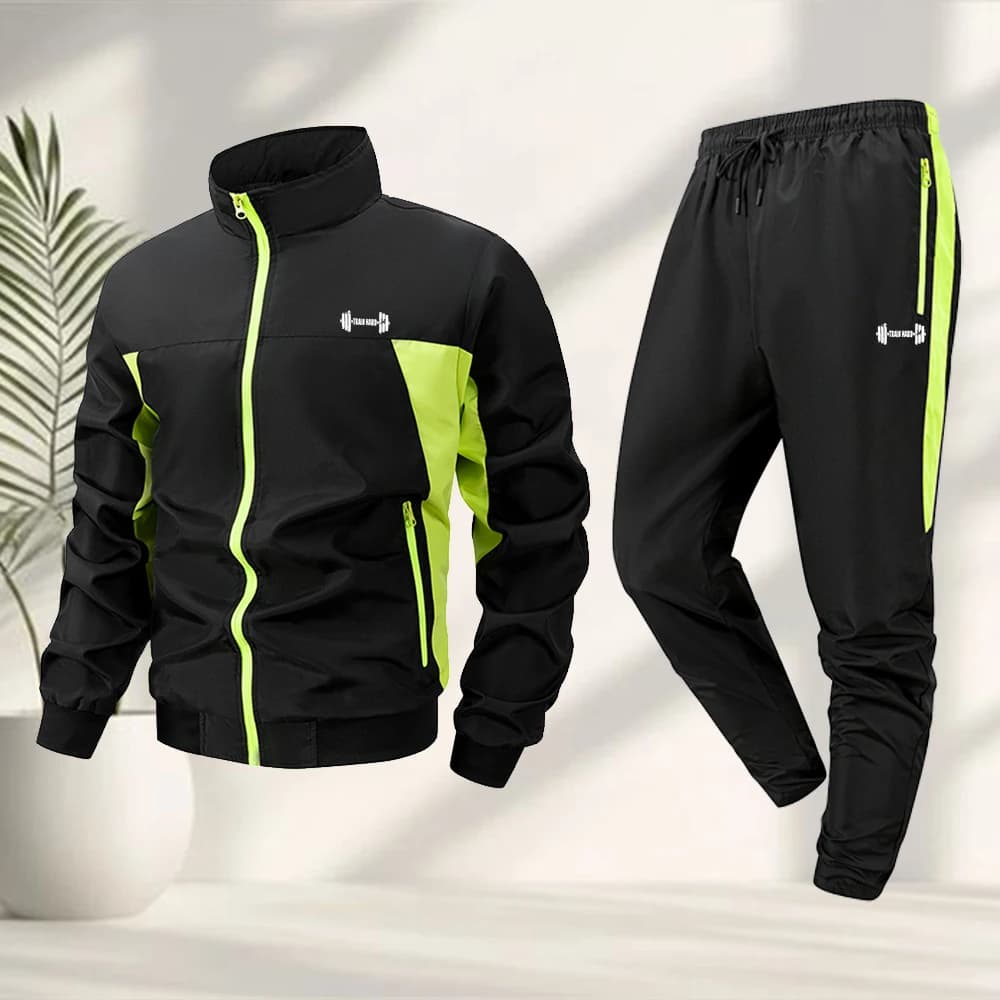Men's Trendy Dumbbell Print Sports 2 Piece Set Zipper Jacket And Drawstring Trousers Spring Autumn Casual Running Cycling Suit
