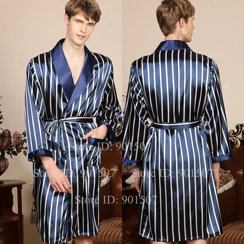 Men's Night Bathrobe in Night Satin Kimono Lazy Summer New Dress Men's Dress Casual Homewear Shower Clothes with Pocket Loungewear