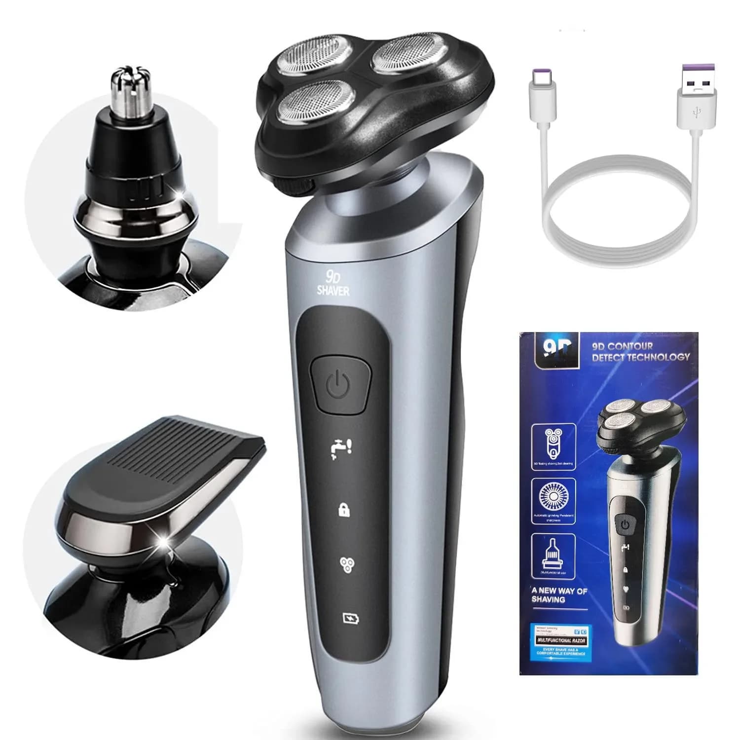 Rasoio Elettrico Maschile 9D Tre-in-uno, Rasoio per Viso e Barba, USB, Lavabile, Ricaricabile, Trimmer per Barba e Corpo