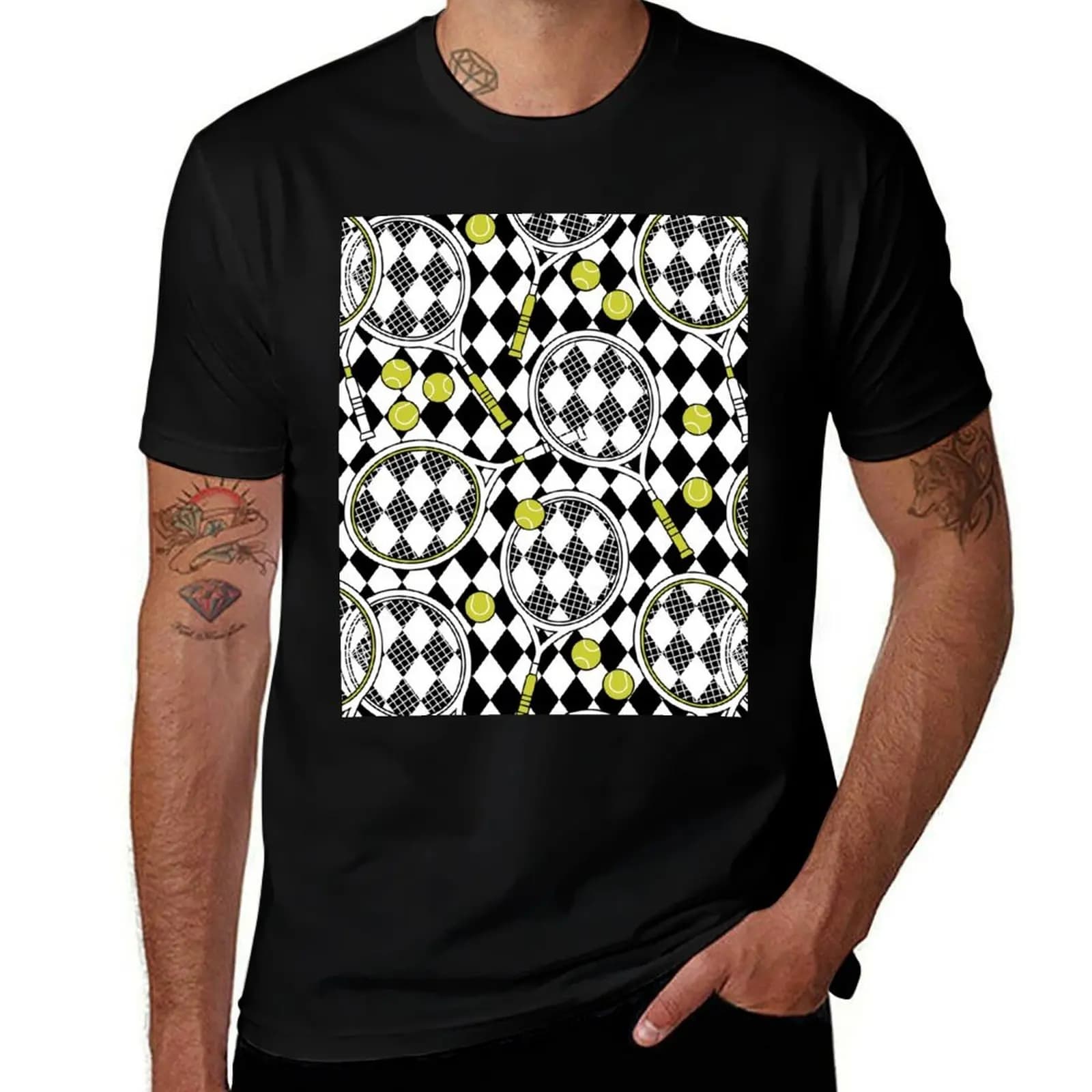 T-shirt with random chess print with tennis rack and balls