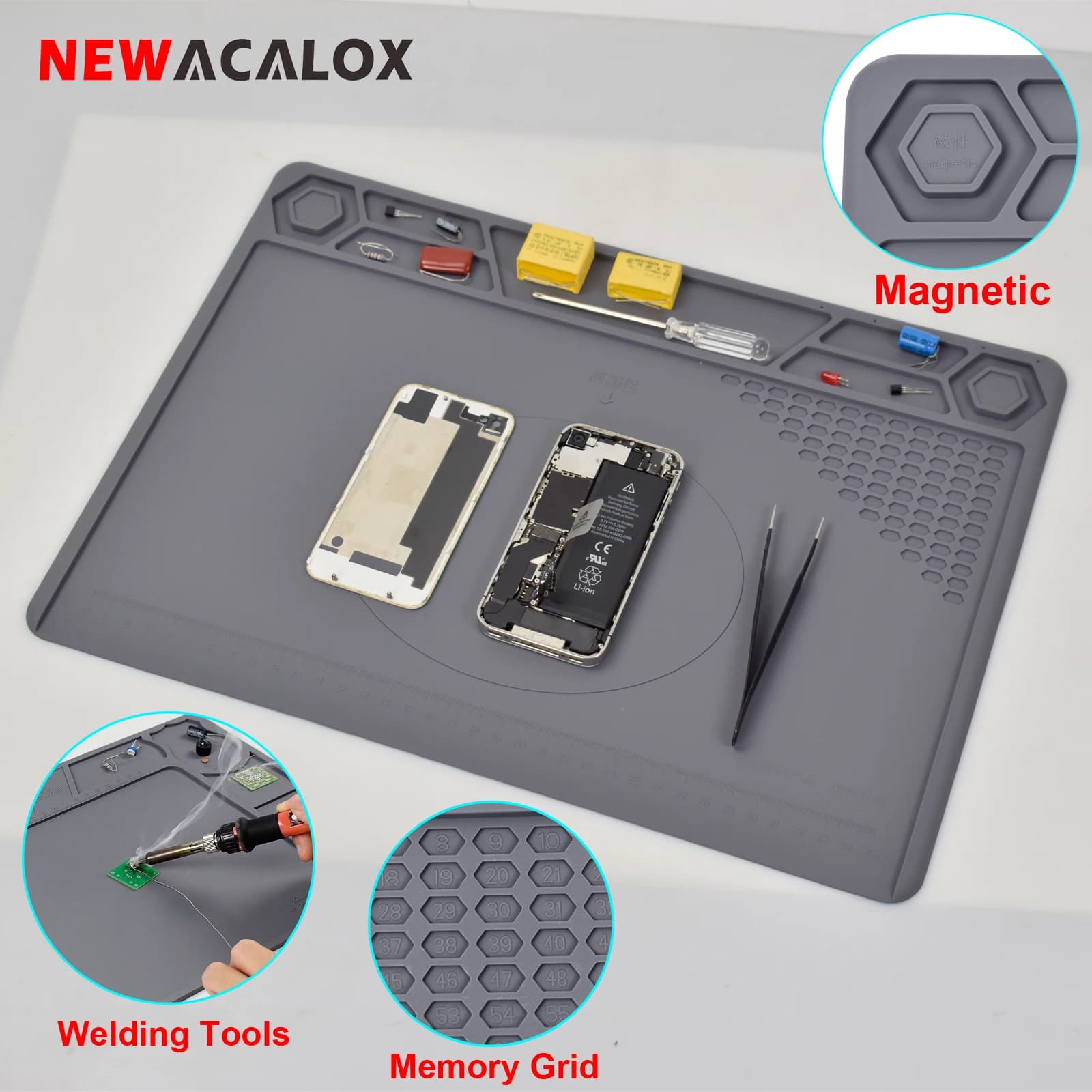 NEWACALOX Tappetino per saldatura Tappetino per riparazione elettronica in silicone magnetico resistente al calore per stazione di saldatura per scheda PCB per cellulare