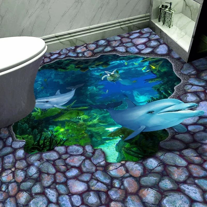 Wall decal 3D Floor Personalized with Oceanic Dolphins Paint, Self-adhesive Parade Card PVC Raincoat for Bathroom