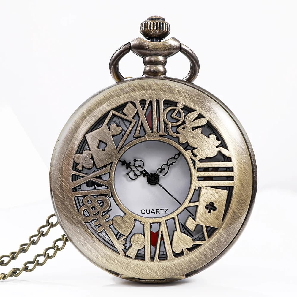 Nuovo orologio da tasca al quarzo in bronzo Retro Alice Theme Orologio da taschino con ciondolo Collana Orologio da taschino da uomo e da donna