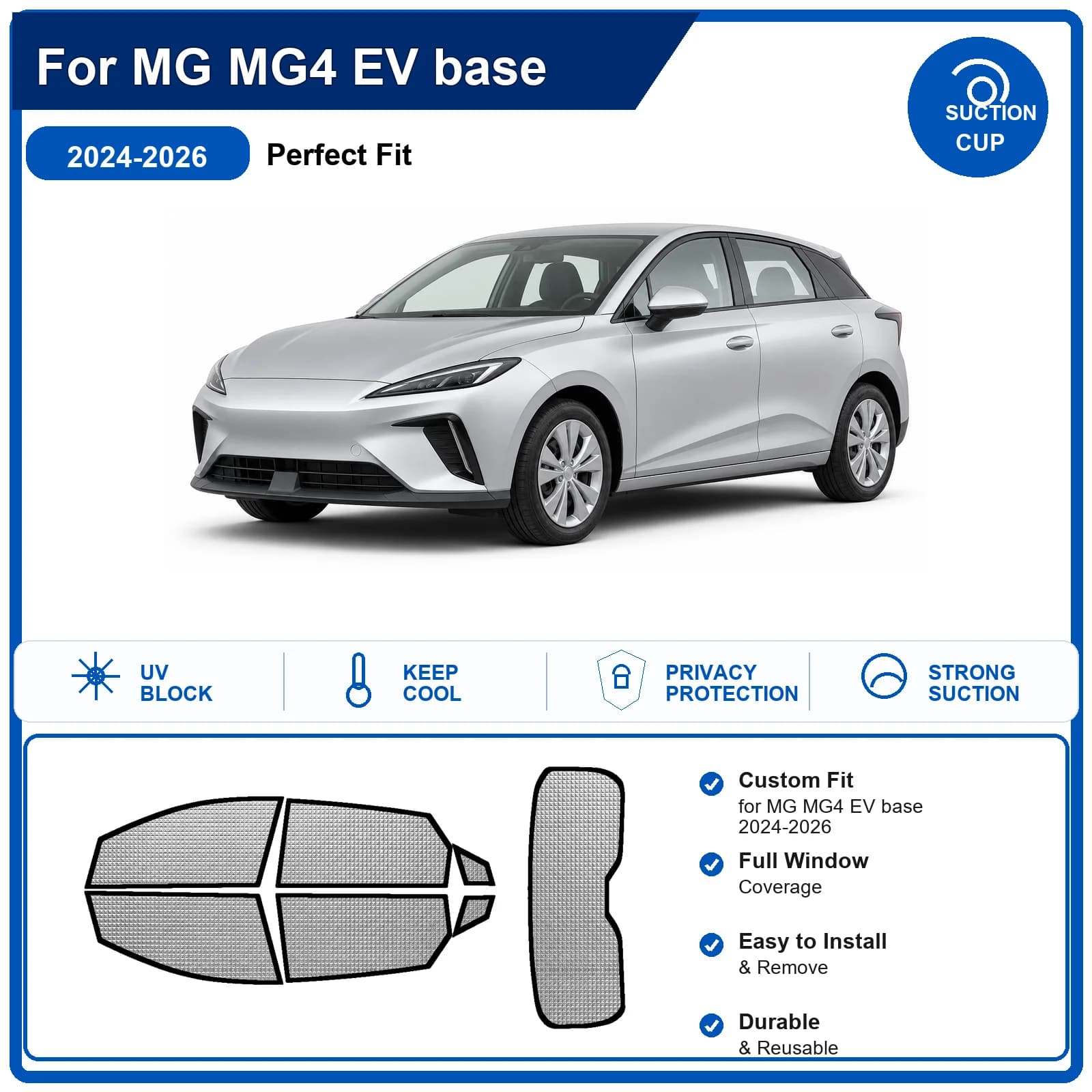 For MG MG4 EV base 2024-2026 Custom Full Set Windshield Sun Shade Aluminum Foil Heat Insulation Anti UV Foldable