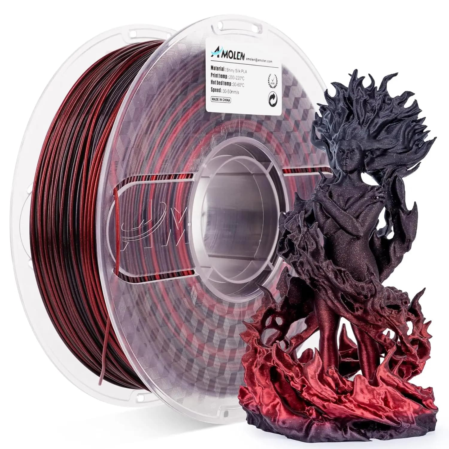 Filament PLA Black Red Polished Silk Effect 1.75mm, Color Change for FDM 3D Printers, 1kg Coil