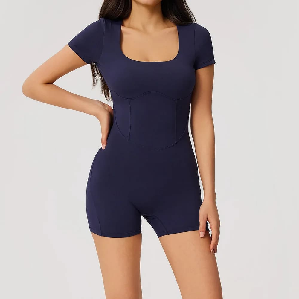 Body da allenamento da donna a maniche corte con pantaloncini integrati - Unitard a vita alta modellante per yoga, allenamento, ciclismo, palestra e fitness
