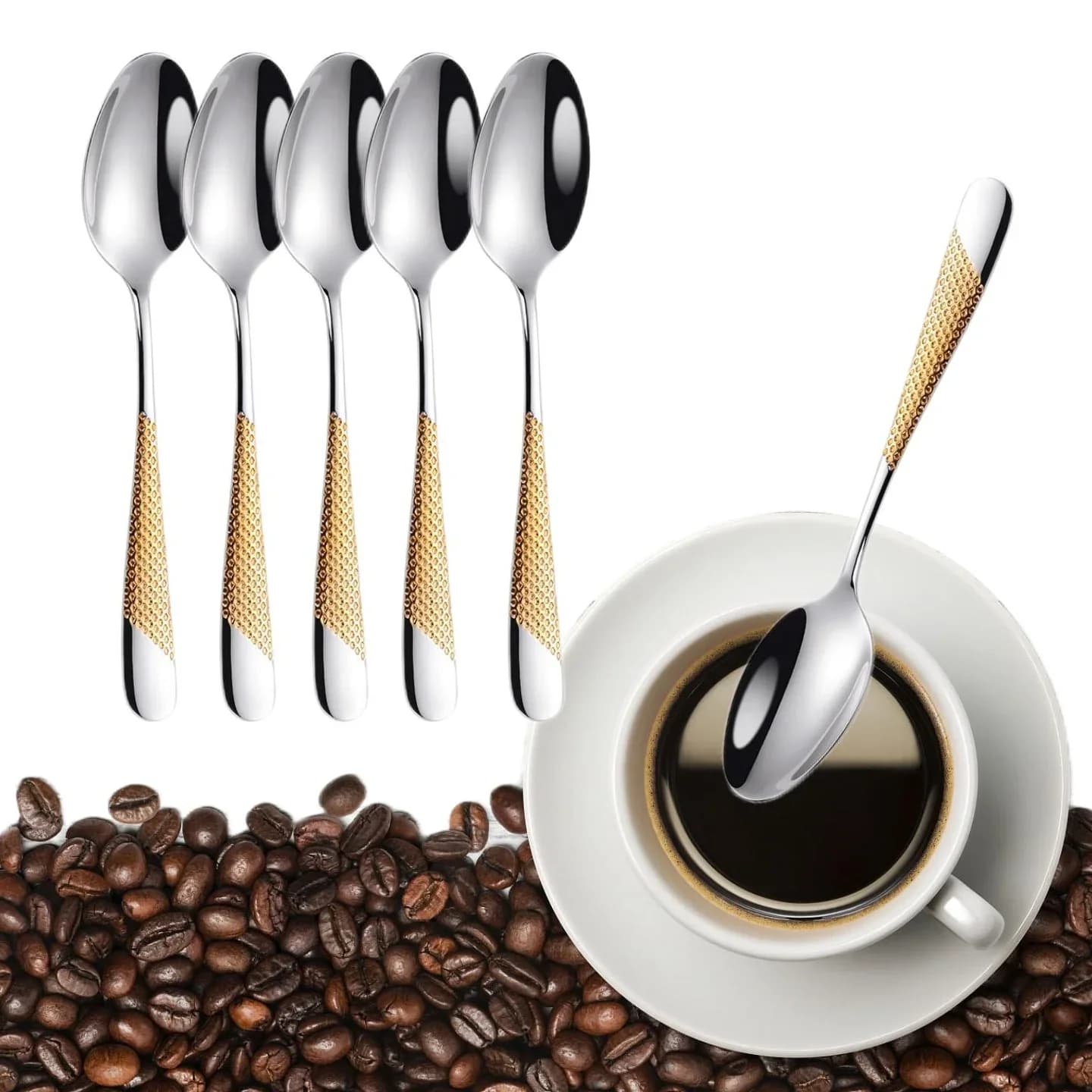 5.70" Gold Plated Coffee Spoon Set 18-10 Steel Dishwasher Safe Coffee Tea Stir Spoon Small Spoon for Jam Spices Condiments Sugar