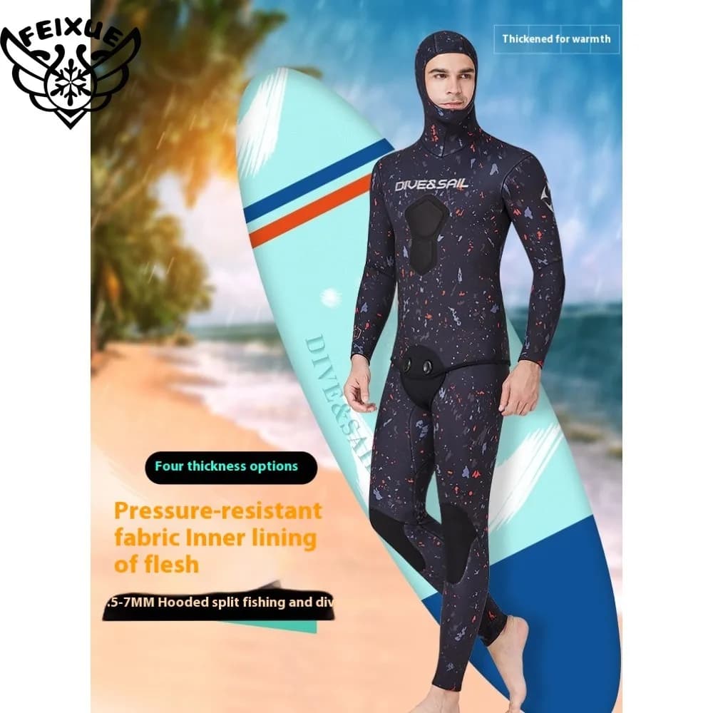 Mute da pesca subacquea uomo 3MM 5MM 7MM neoprene CR 2 pezzi con cappuccio manica lunga immersioni subacquee corpo intero tenere al caldo tute da snorkeling