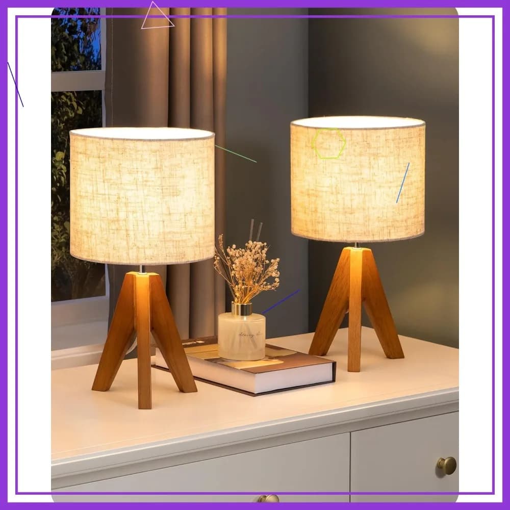 Bedside lamp with wooden tripod and linen lampshade, 14.2 inch bedside light for bedroom, living room, office, 2 set