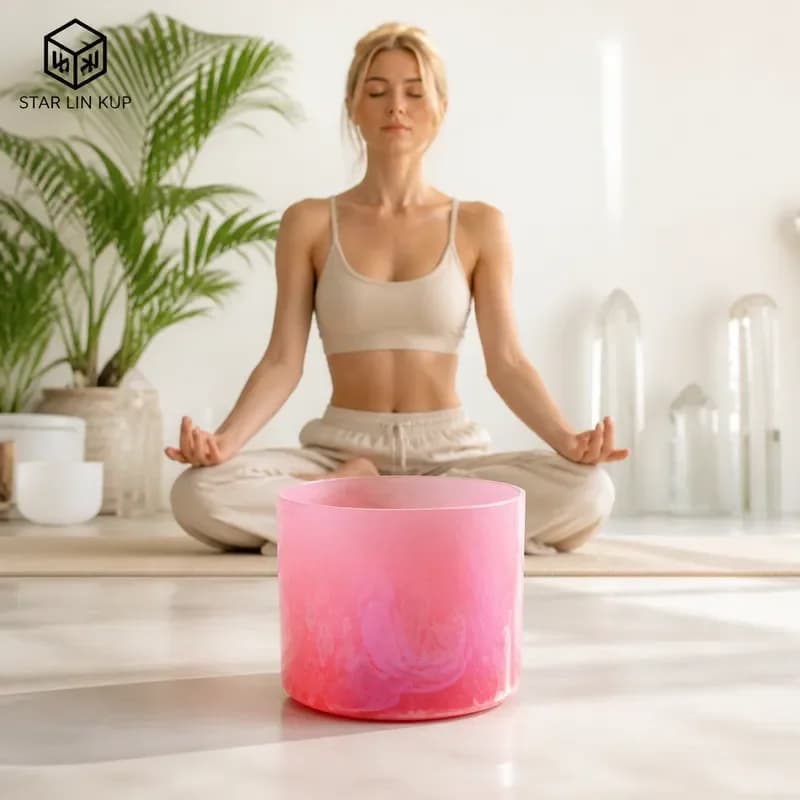 STAR LIN KUP Rose Pink Gradient Aurora Crystal Singing Bowl Wooden Base Meditation Chakra Healing Sound Therapy Instrument