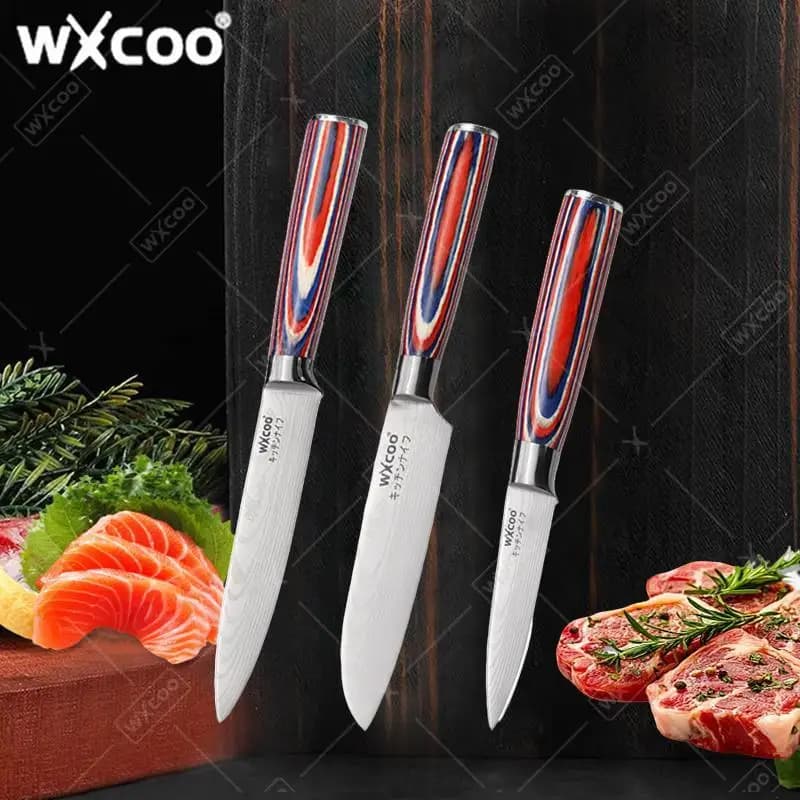WXCOO 1 ~ 3PCS Kitchen knives Cooking tools Laser Damascus Cooking knife Fruit peeling knife Verdura Meat knives Santoku knife