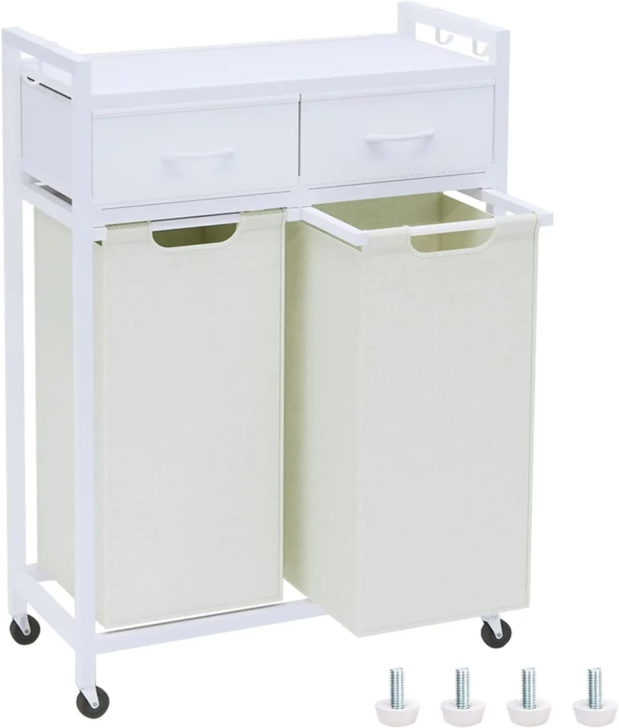 Cesto Portabiancheria a 2 Scomparti, Cesto con Ruote, 2 Cassetti, Sacchi da 55L, Bianco e Beige