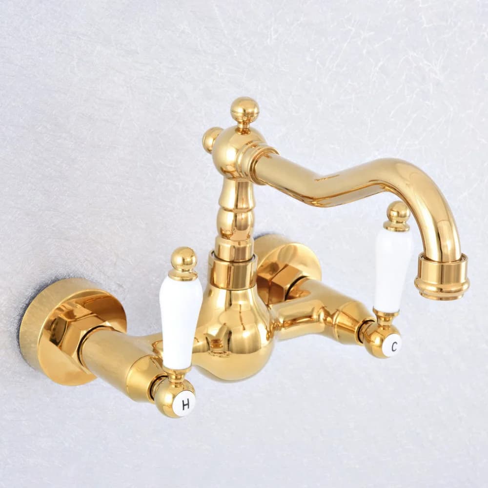 Rubinetto da bagno dorato con doppia maniglia, beccuccio girevole, miscelatore da cucina, miscelatore per lavabo caldo e freddo zsf607