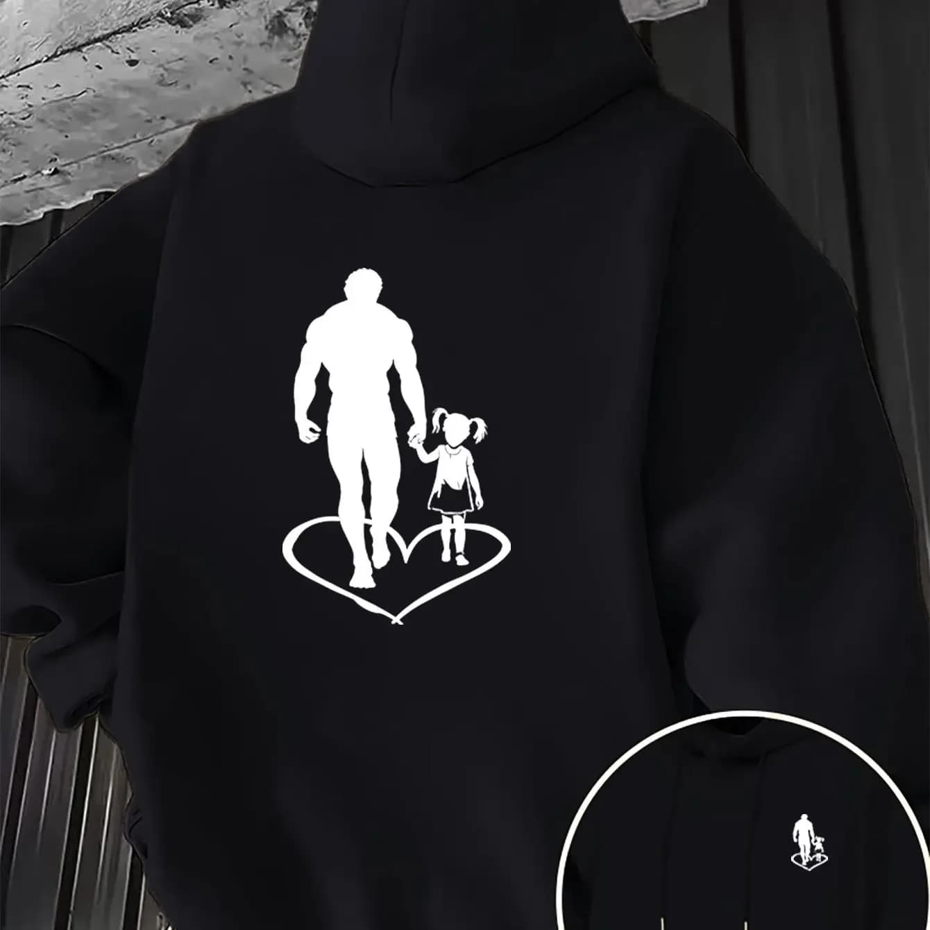 Strong Dad Little Girl Heart Outline Graphic Front Back Double Print Oversized Drop Shoulder Unisex Hoodie Daily Casual