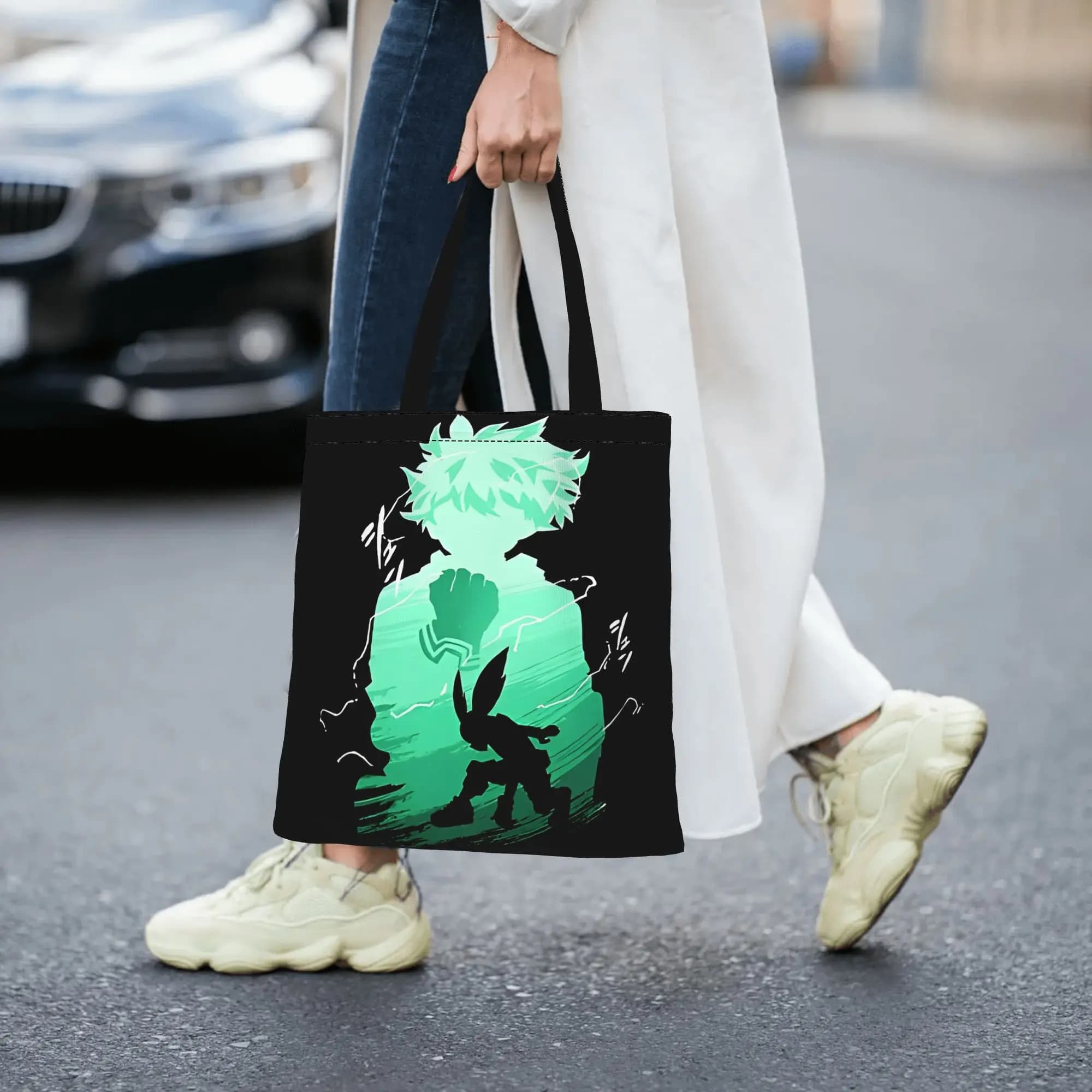 Borsa da donna 2026 My Hero Academia in tela riutilizzabile a doppio lato con stampa Green Haired Hero, borsa a tracolla