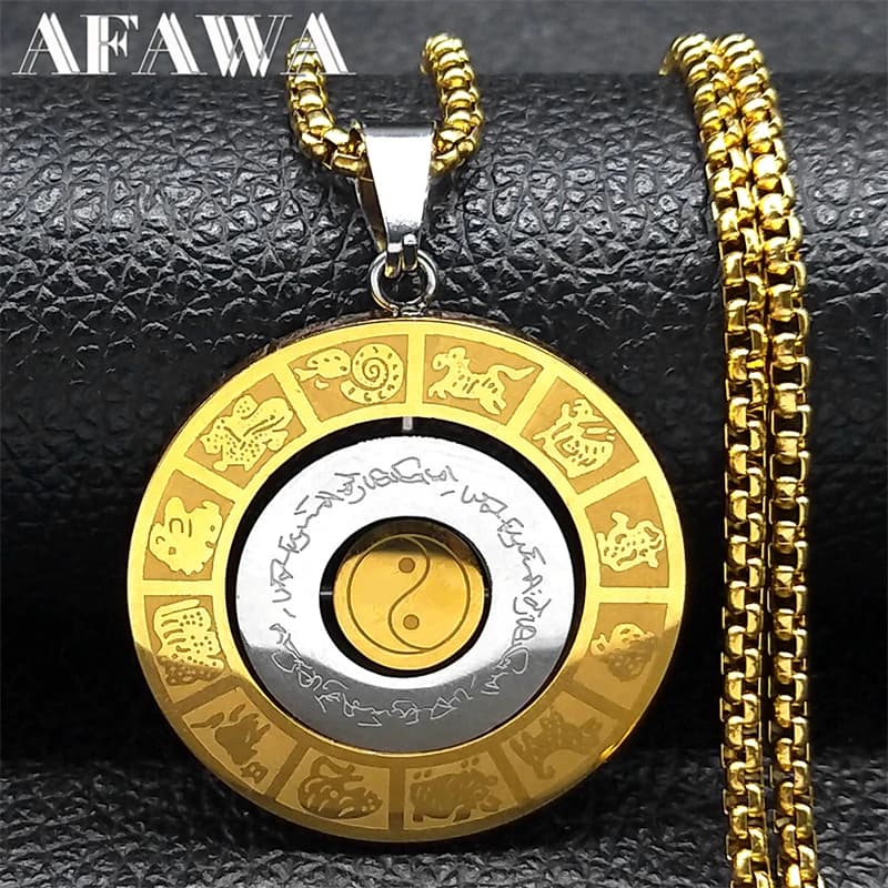 Rotating Chinese 12 Zodiac Nine Palaces Bagua Necklace for Men Women Stainless Taoism Symbol Amulet Chain Jewelry NZZZ174S02