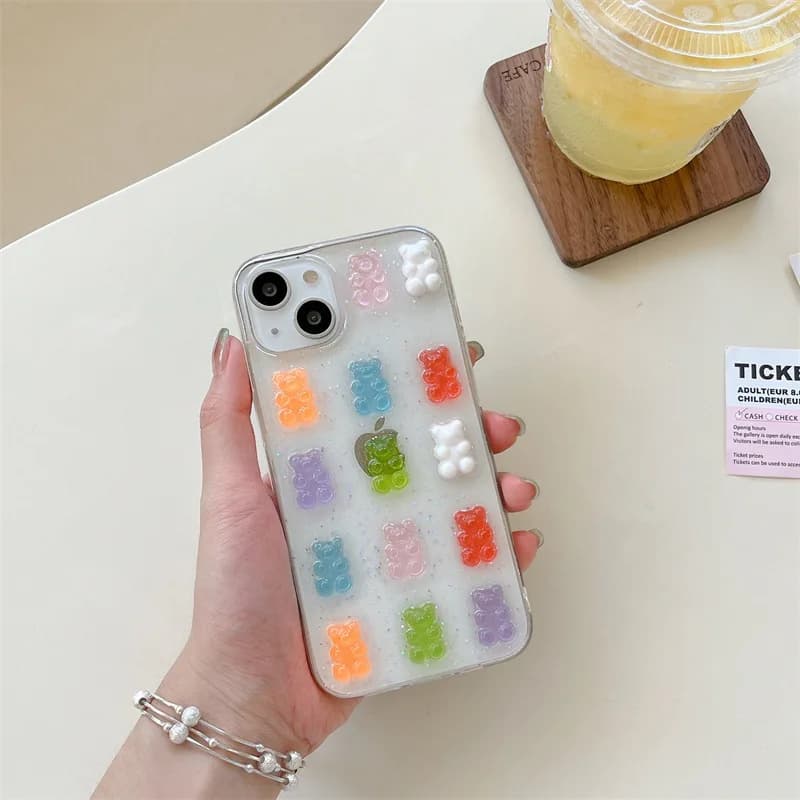 Cute 3D Colorful Bear Drop Collar Phone Case for iPhone 16 15 14 13 12mini 11 Pro Max XS X X XR 7 8 Plus Shock Protective Case