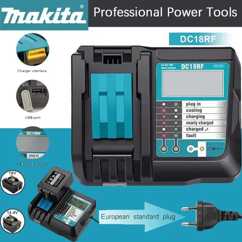Caricabatterie Makita DC18RF Li-ion, Corrente di Carica 3.5A, 14.4V 18V BL1830 BL1430 DC18RC DC18RA, per Utensili Elettrici con USB