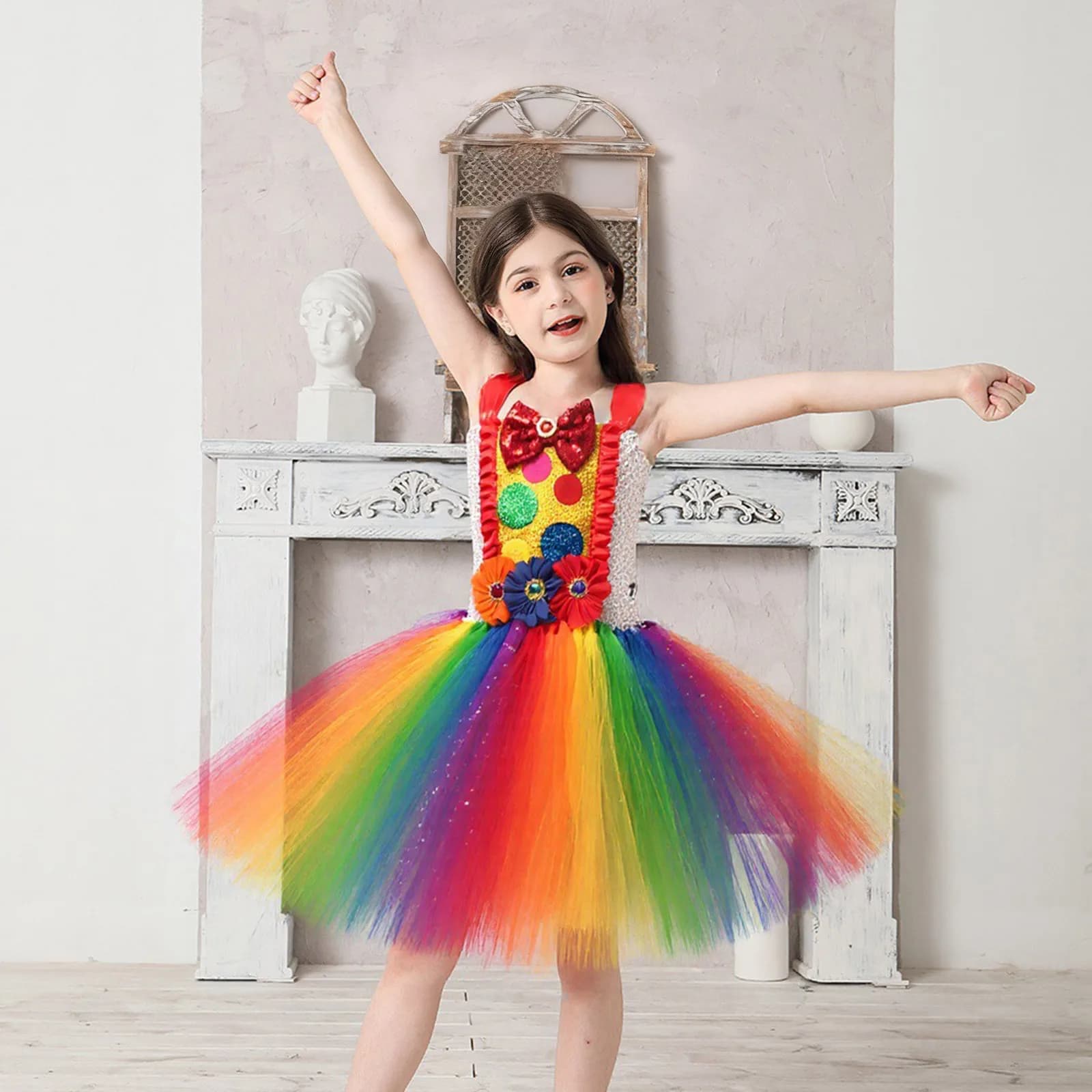 Vestito Tutu da Clown Arcobaleno per Bambine, Abito Principessa Senza Maniche in Tulle Colorato, Costume per Carnevale, Feste e Spettacoli