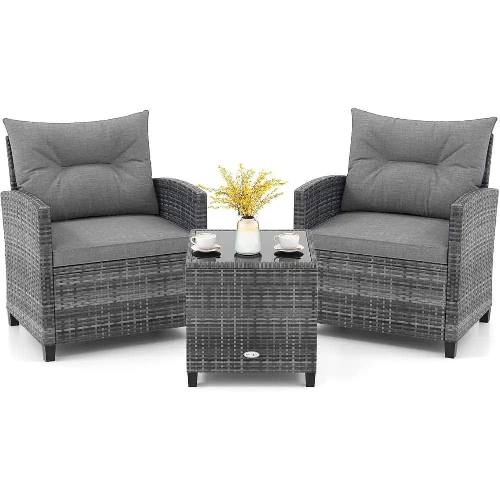3 Piece Patio urniture Set, Outdoor PE Rattan Contion Set with Washable Cushions & Tempered Glass Tabletop, Wicker Chairs and Ta