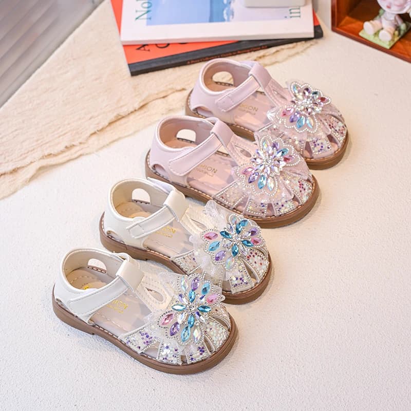 Kids Girls Closed-toe Princess Sandals with Sparkly Flower Rhinestones, Soft Non-slip Sole, Stylish for Summer & Casual Wear