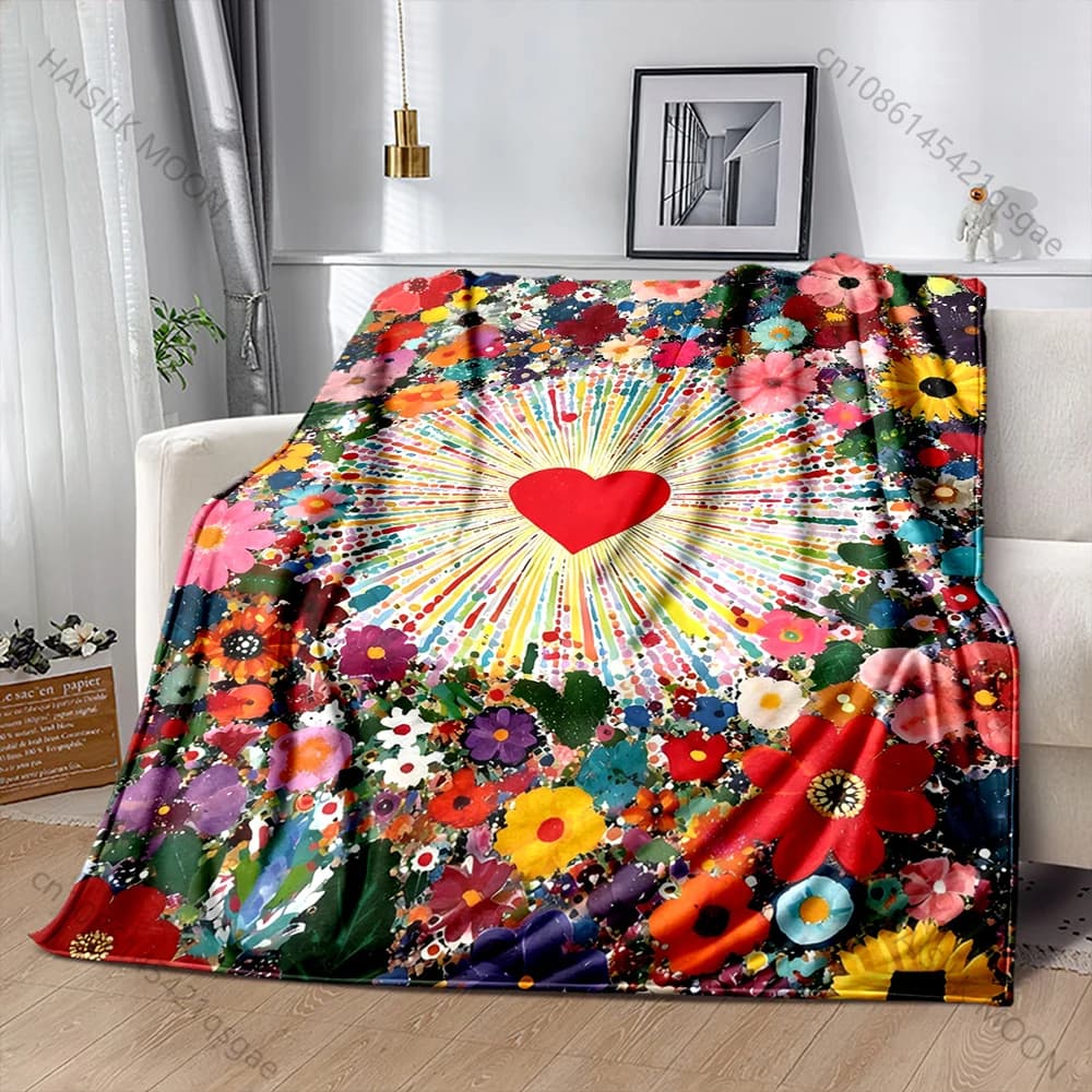 Coperta con stampa a cuore e cerchio floreale radioso, disponibile in diverse misure, calda e morbida, per bambini e adulti, regali di lusso, per casa, divano, viaggi, camper