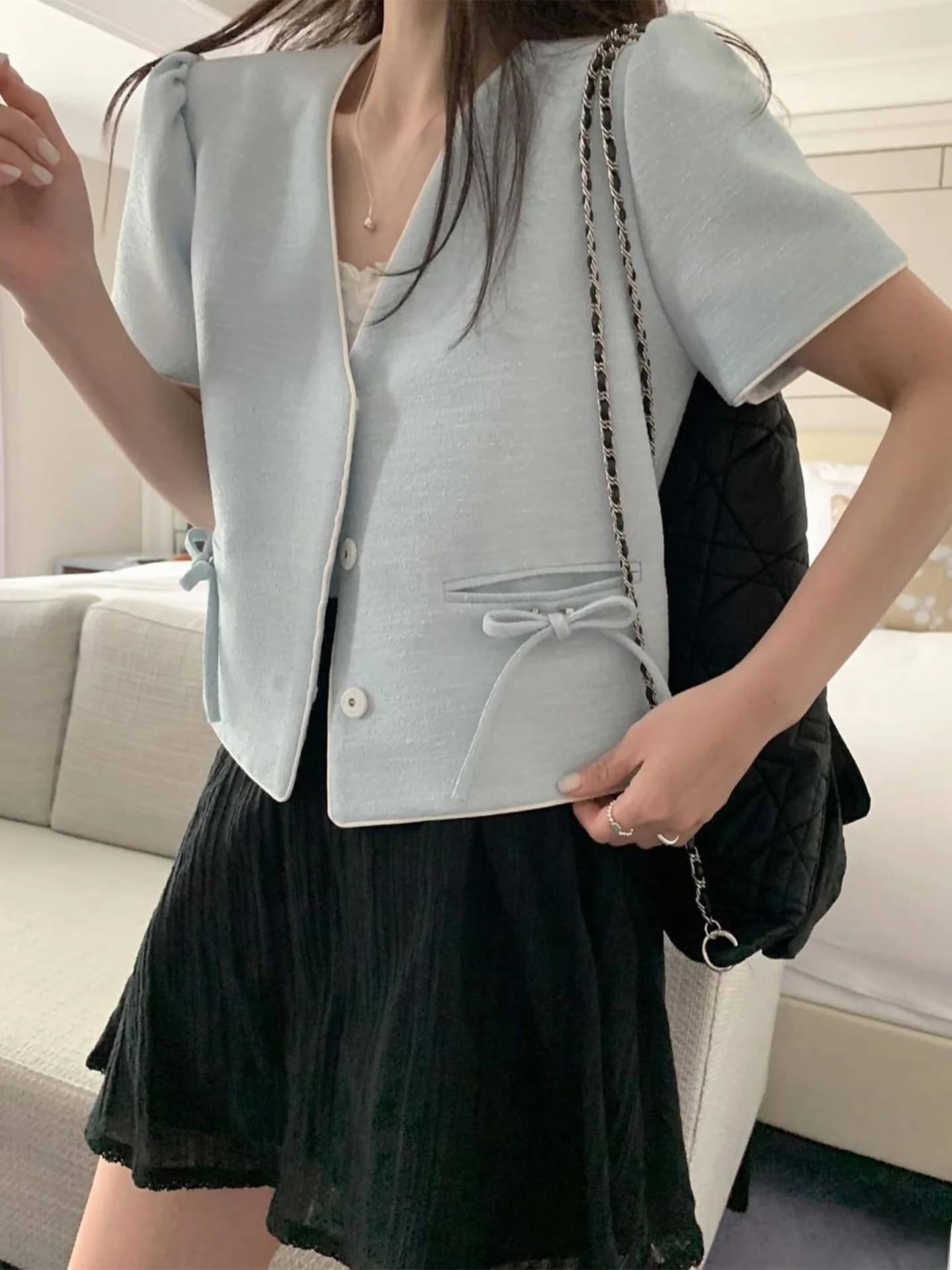 Knot Decorated Short Coat Women's Summer 2026 New Style Coarse Weave Fashionable Top Simple Style Loose Fit Short S...