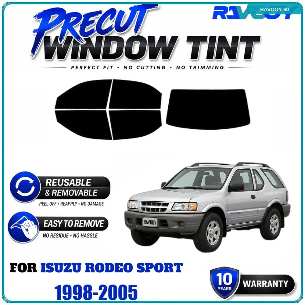 RAVOOY Precut Window Tint, Reusable Removable EPU Film, Custom Fit for Isuzu Rodeo Sport 1998-2005, UV Heat Protection