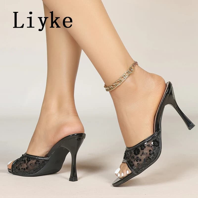 Sandali Sexy Neri Liyke Street con Tacco Alto, Ciabatte Moderne da Donna con Paillettes e Rete, Sandali Estivi alla Moda con Punta Aperta, Mules e Ciabatte Taglia 46
