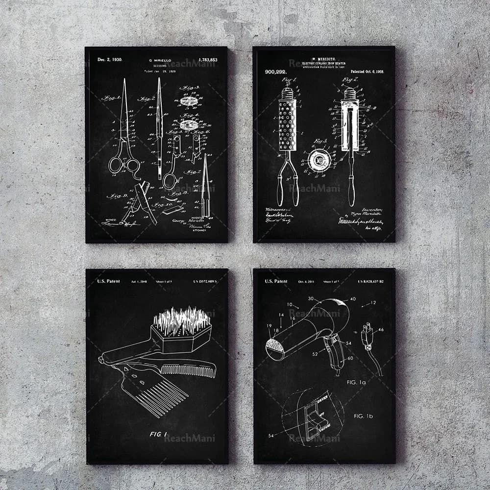 Patent Poster for hairdressers, patent of hairdressers, scissors poster, hair dryer art, woman hair brush, gift of beauty gift decoration