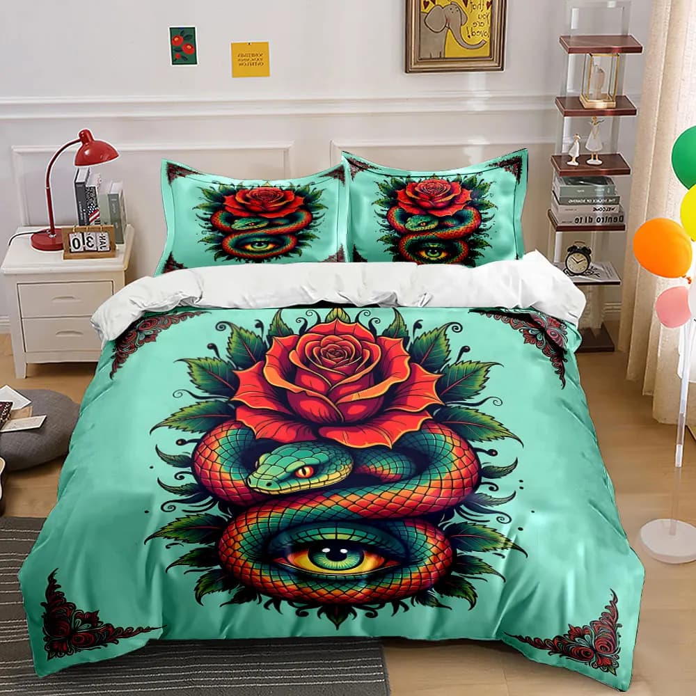 Artistic illustration with snake, rose, eye Printed Duvet Cover Set1 Duvet Cover+2 PillowcaseMulti Size Bedroom Bedding Decor