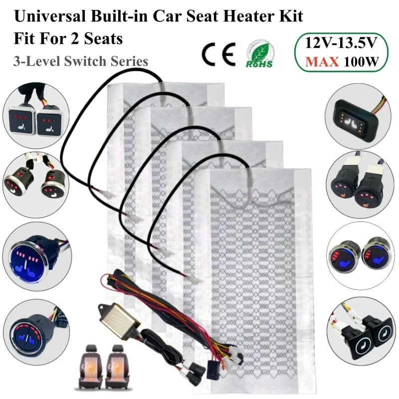 Kit riscaldatore per seggiolino auto integrato universale MAX 100W adatto per 2 posti Cuscinetti riscaldanti in fibra di carbonio 12V Cablaggio interruttore a doppio controllo a 3 livelli