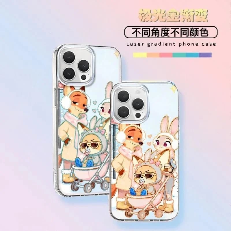 Custodia per telefono Disney Zootopia Nick e Judy per iPhone 12 13 14 15 16 17 Pro Max Plus, Cover Laser Cartone Animato Coniglio Volpe