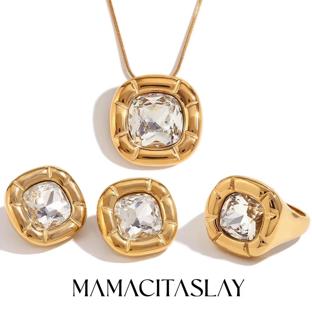 MamacitaSlay 18K placcato oro in acciaio inossidabile arrotondato quadrato zircone collana orecchino anello gioielli impermeabili alla moda da donna