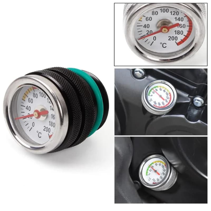 Fuel tank caps black/silver M30x1.5/M20x1.5 with oil temperature indicator 0-200 °C dial pointers for Kawasaki 87-98