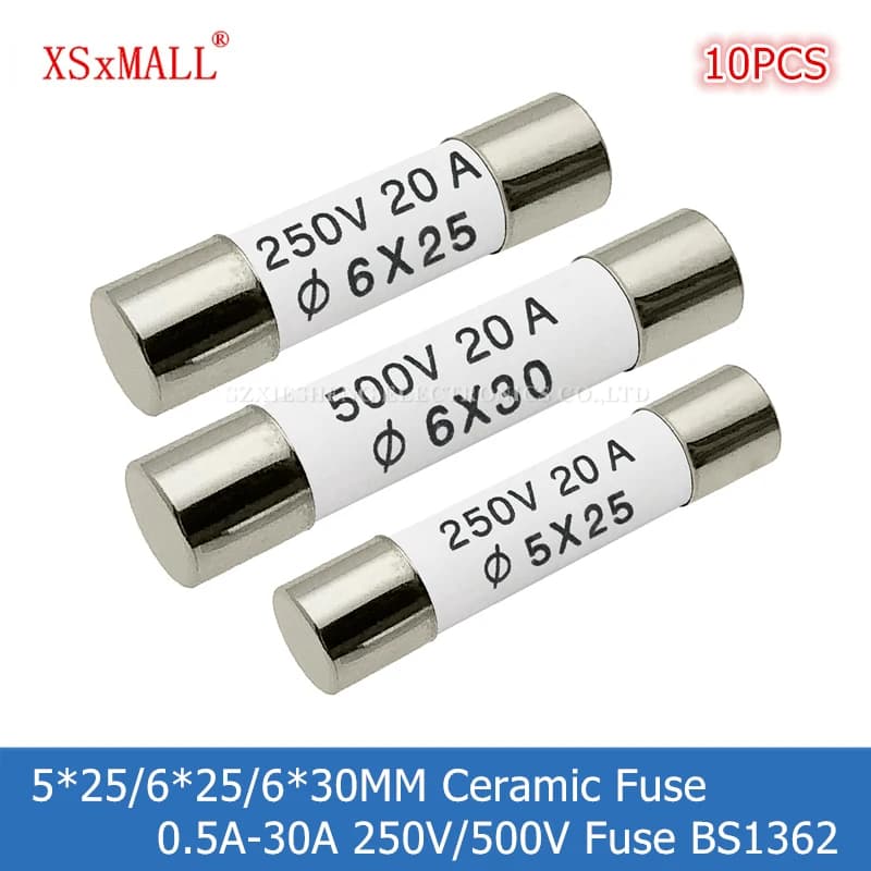 10PCS 5*25/6*25/6*30MM Fusibile Ceramico 0.5A 1A 2A 3A 4A 5A 6A 8A 10A 13A 15A 16A 20A 25A 30A 250V 500V RO55 RO57 RO58 Fusibile BS1362