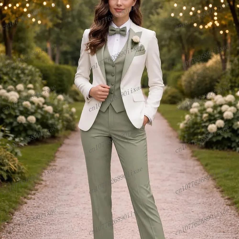 Completi da donna verde menta e bianchi, tailleur da ufficio, smoking da cerimonia per la mamma, abito formale da donna in 3 pezzi, giacca, gilet e pantaloni
